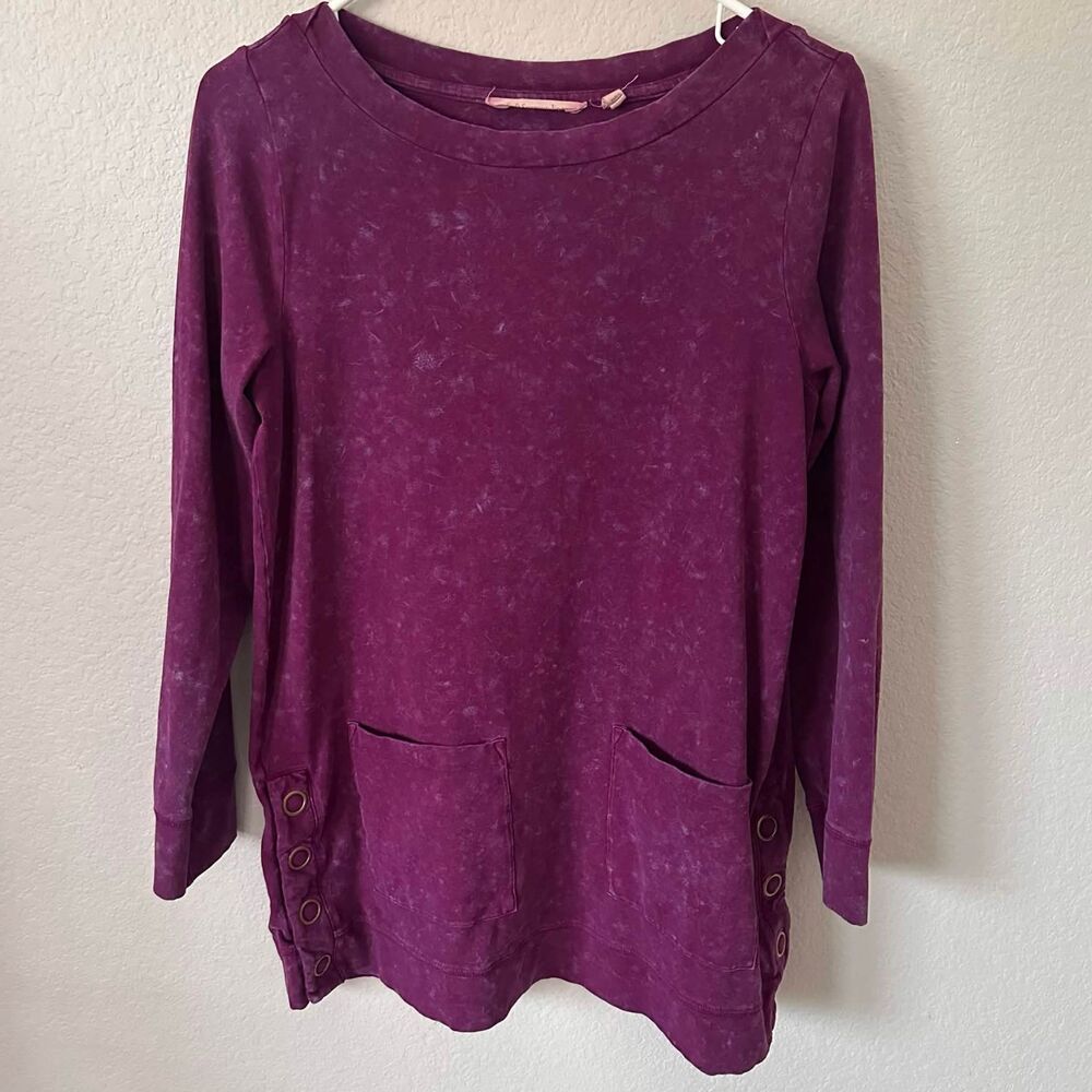 Soft Surroundings Purple Make It Snappy Top Size XS Lagenlook Pockets Cotton